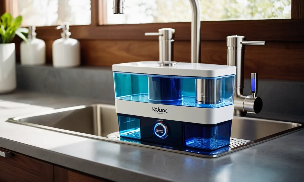 A close-up shot capturing the sleek design of a compact under sink water filter system, highlighting the reverse osmosis technology and emphasizing its effectiveness in providing the best quality drinking water.