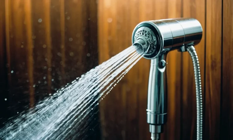 The photo captures a handheld shower head with a sleek design, featuring a prominent pause button. Water droplets glisten as they pause mid-air, creating a sense of tranquility and convenience.