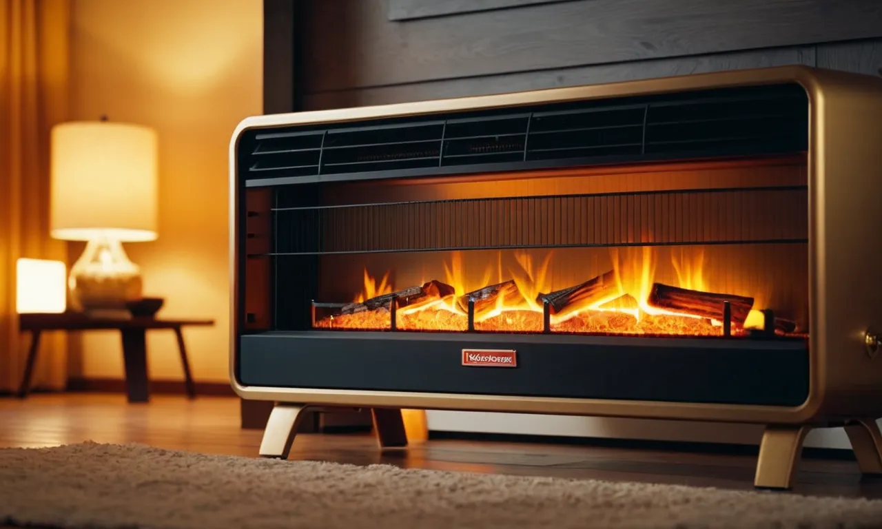 A close-up shot of a sleek, modern propane heater in a cozy living room, emitting a warm, golden glow that creates a welcoming atmosphere on a chilly winter evening.