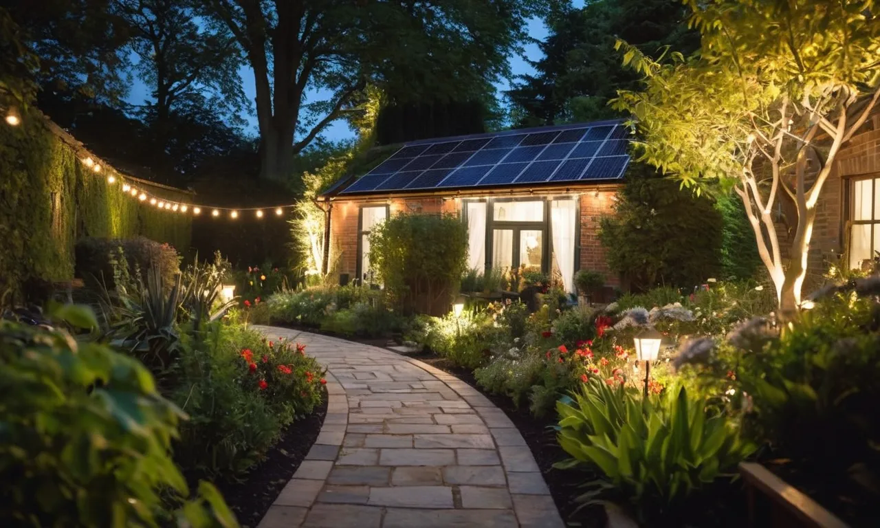 A stunning photograph capturing the ethereal glow of a garden illuminated by the best solar motion sensor outdoor lights, creating a magical ambiance in the night.
