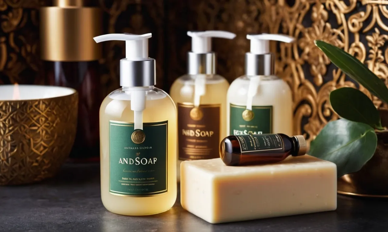 A close-up shot capturing a beautifully arranged set of luxurious hand soap and lotion, with elegant packaging and enticing fragrances, promising a pampering experience for hands.