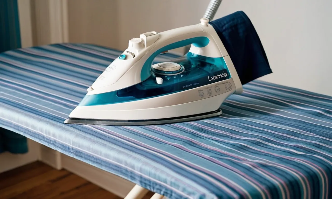 A close-up photograph of a perfectly ironed shirt on an ironing board, showcasing a vibrant and durable ironing board cover and pad, adding both functionality and style to the task at hand.