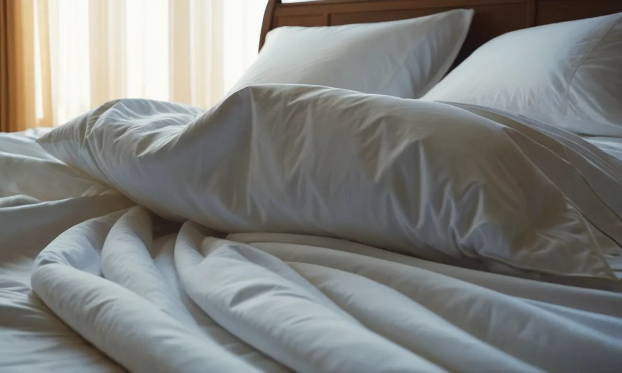 A close-up shot of crisp, white bed sheets gently billowing in a breeze, evoking a sense of coolness and serenity, promising a comfortable and refreshing sleep.