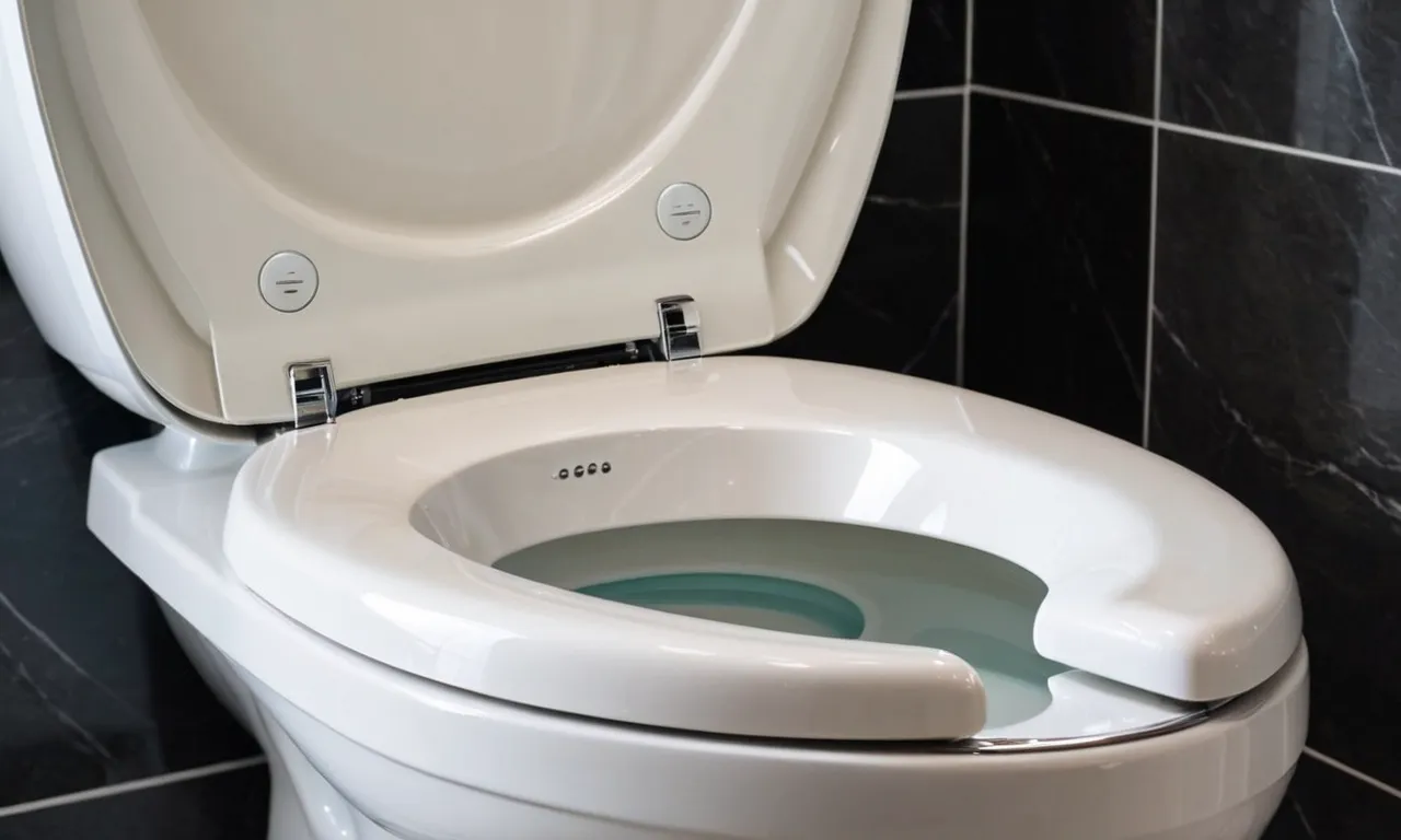 A close-up shot of a sleek and ergonomic toilet seat with an attached Tushy bidet, showcasing its modern design and comfort-enhancing features.