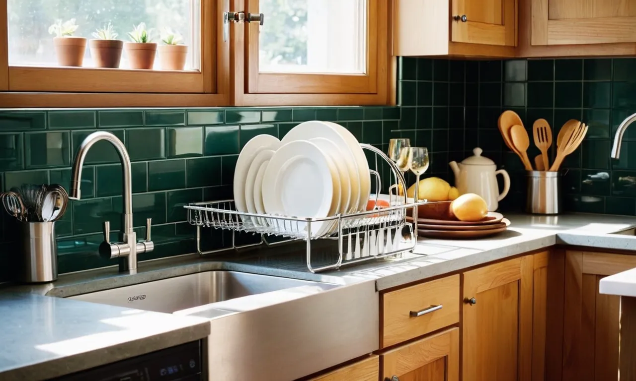 In a cluttered small kitchen, a sleek and compact dish rack stands proudly, neatly organizing sparkling clean dishes, effortlessly saving precious counter space with its ingenious design.