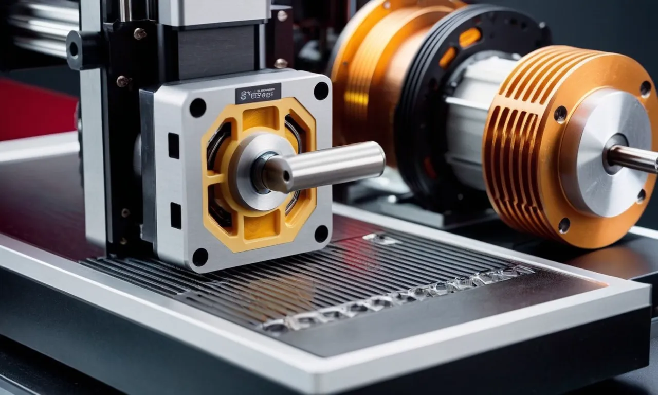 A close-up shot capturing the intricate gears and precision of a high-quality stepper motor in a 3D printer, showcasing its reliability and performance.