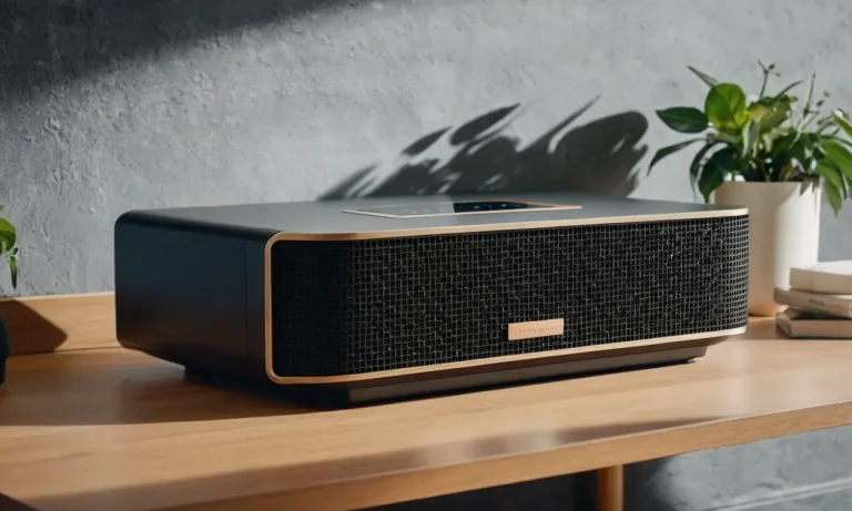 A close-up shot of a sleek, modern air purifier with an activated carbon filter, surrounded by clean, purified air, symbolizing freshness, purity, and effective filtration.