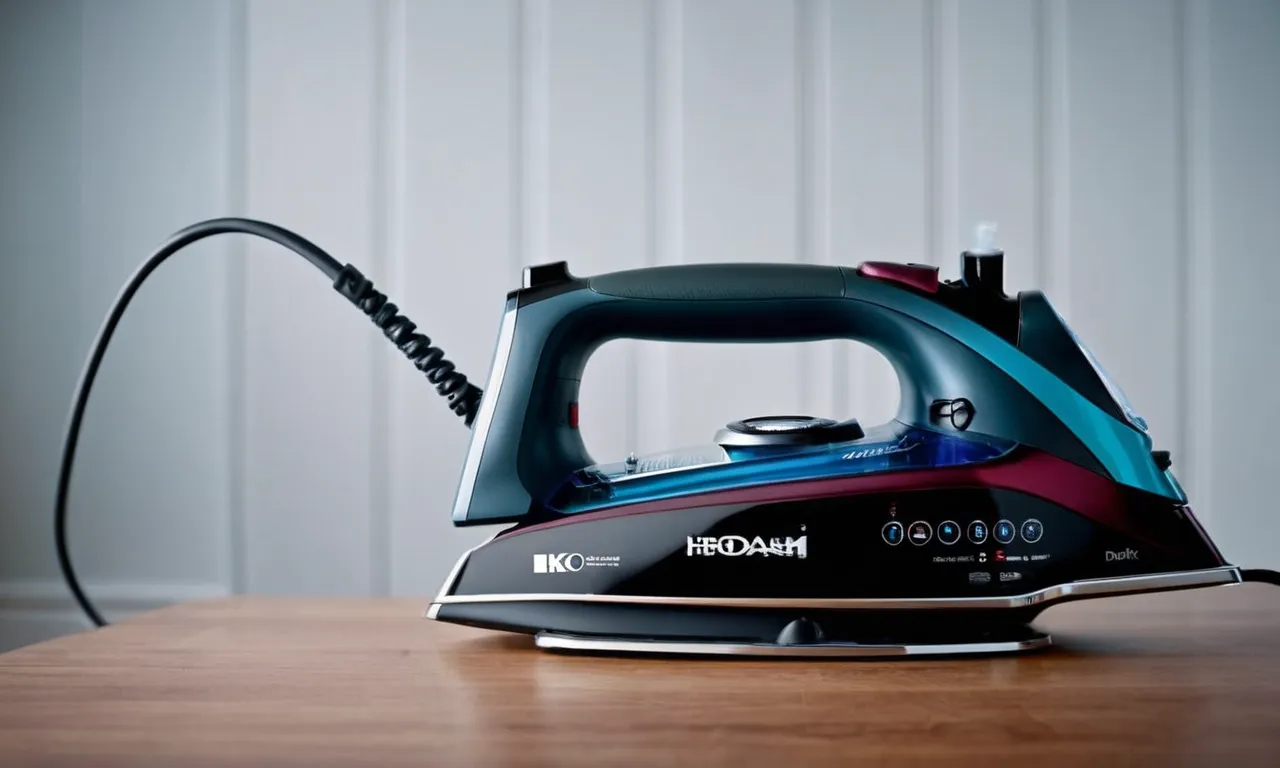 A close-up shot of a sleek, modern steam iron with a retractable cord, displaying its advanced features and elegant design.