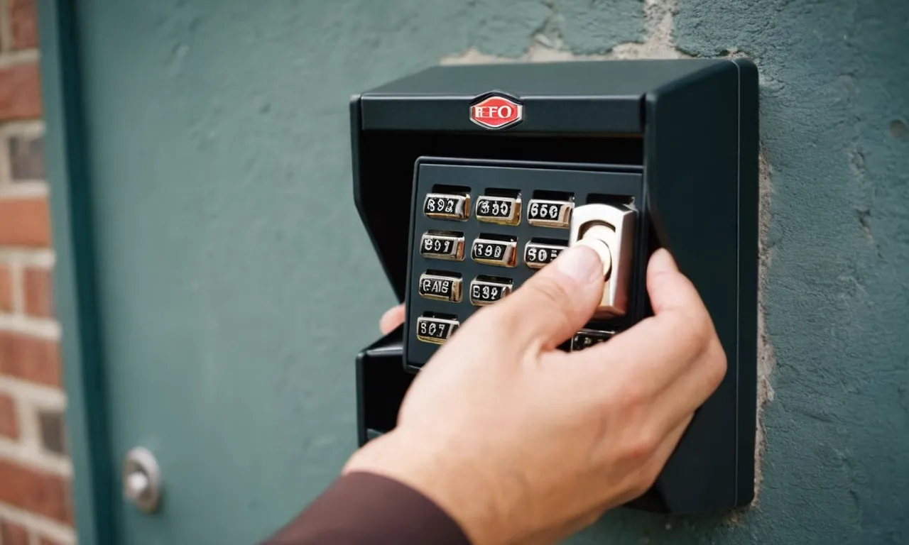 A close-up photograph showcasing a durable, sleek, and secure wall-mounted key lock box, featuring a sturdy construction and a combination lock mechanism for optimal security.
