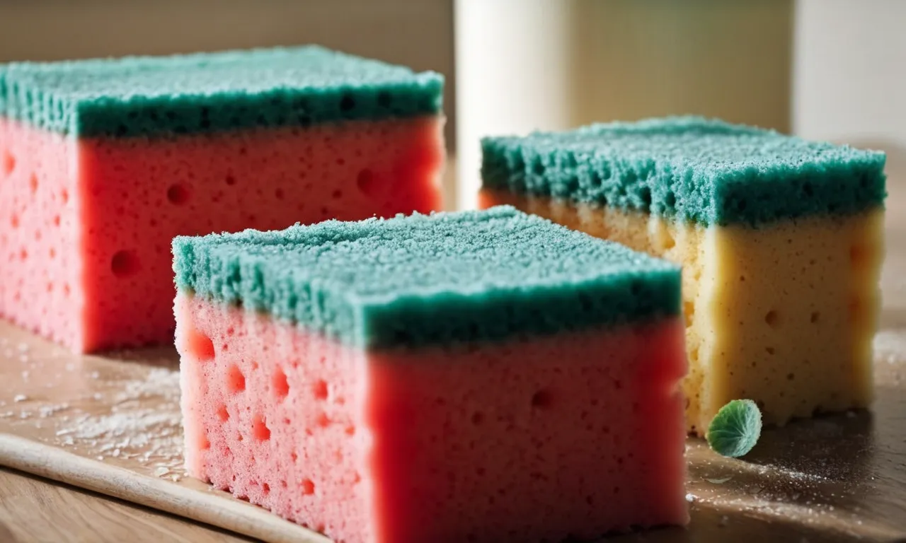 A close-up photograph captures a pristine kitchen sponge, its vibrant colors and textured surface suggesting superior cleanliness and freshness, evoking a sense of immaculately odor-free kitchen hygiene.