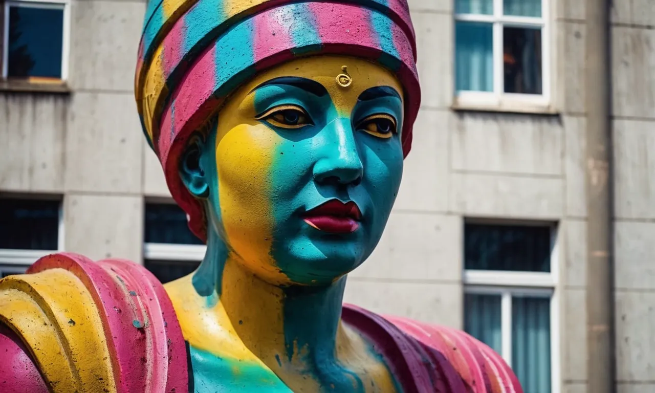 A close-up photo capturing the vibrant colors of a concrete statue, flawlessly enhanced by the application of the best spray paint, creating a visually stunning masterpiece.