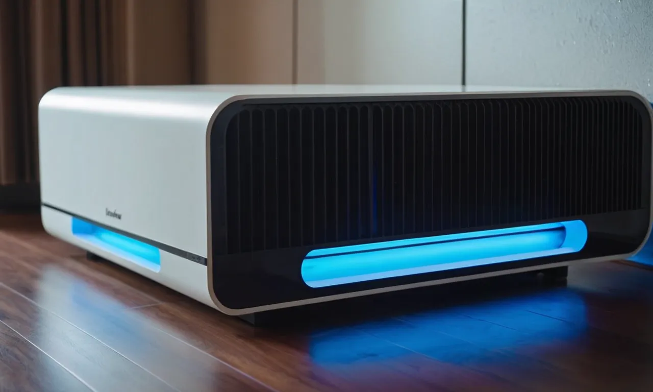 A close-up shot of a sleek, modern duct-mounted UV air purifier, emitting a soft blue glow as it effectively eliminates airborne contaminants, creating a healthier and safer indoor environment.