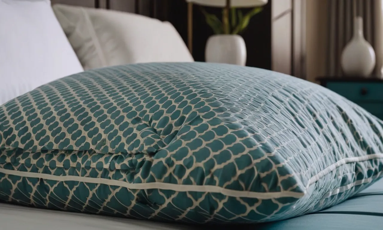 A close-up shot of a soft, hypoallergenic pillowcase, adorned with delicate patterns. Its luxurious fabric is specially designed to prevent acne breakouts and promote clearer, healthier skin.