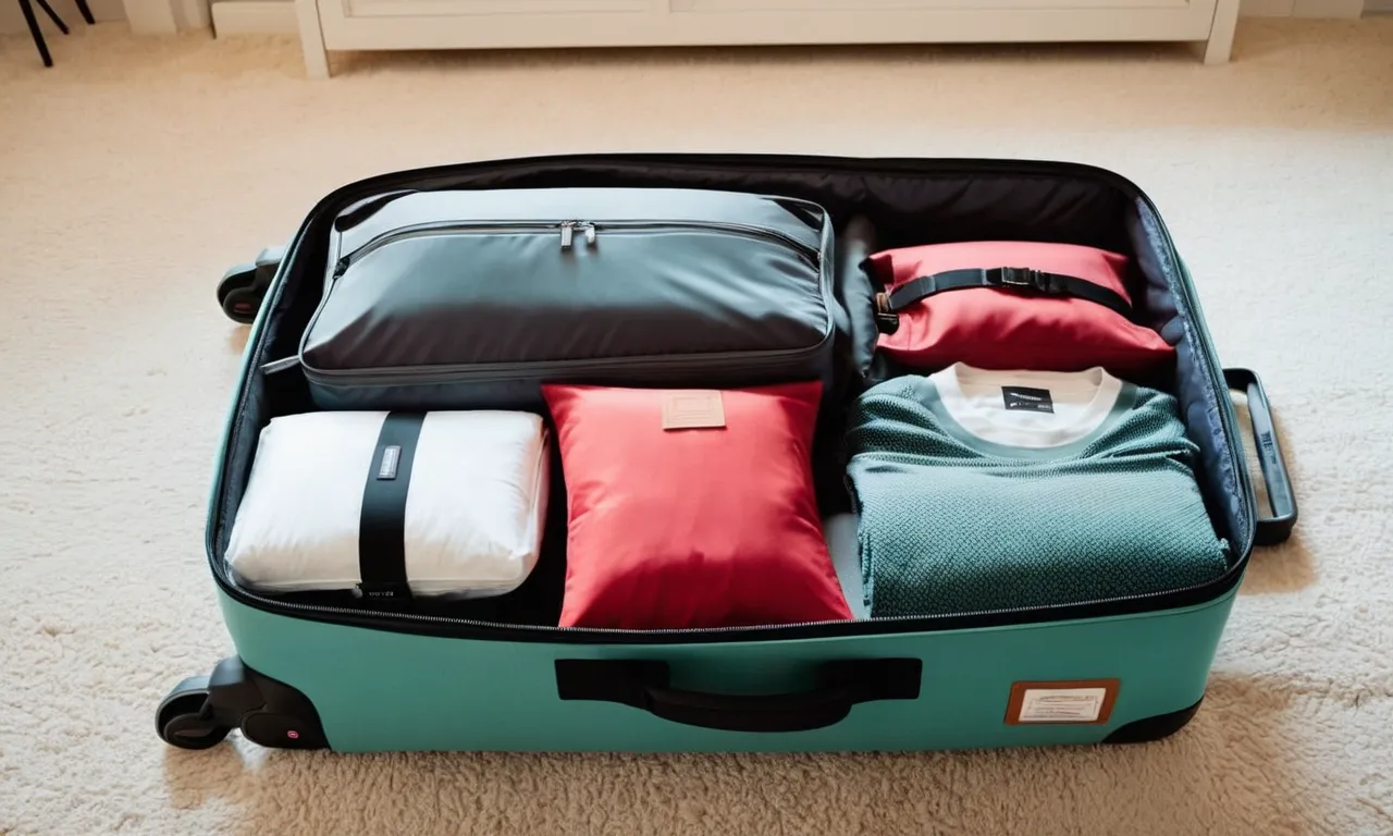 A neatly packed carry-on suitcase showcasing a set of top-rated compression packing cubes, efficiently organizing clothes and maximizing space for hassle-free travel.