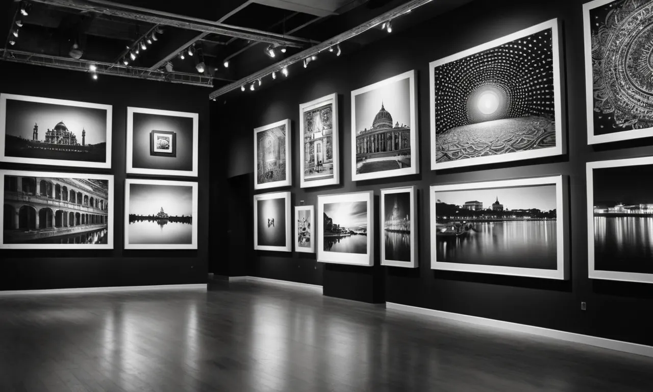 A stunning black and white photograph capturing an art gallery illuminated by the best LED lights, highlighting the intricate details of the artwork and creating a mesmerizing ambiance.
