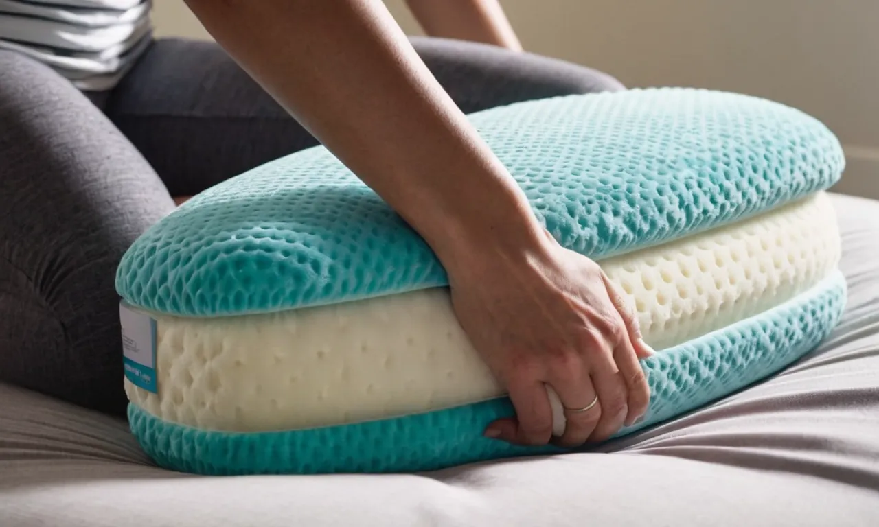 A close-up shot of a supportive memory foam pillow cradling a person's lower back, providing relief for a herniated disc while they peacefully rest.