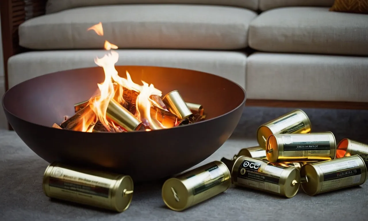 A close-up shot capturing the warm glow of a tabletop fire bowl, with a neatly arranged pile of eco-friendly bioethanol fuel canisters nearby, ready to provide the perfect flame for a cozy evening.