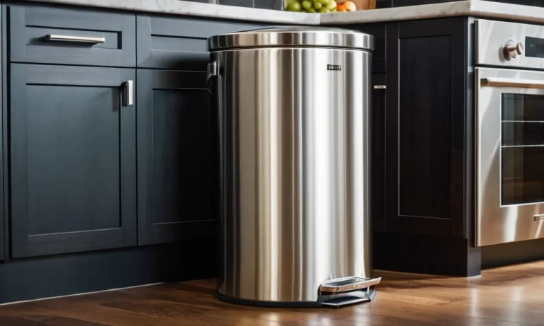 A close-up photo capturing the sleek design and polished finish of a stainless steel kitchen trash can, exuding elegance and functionality.