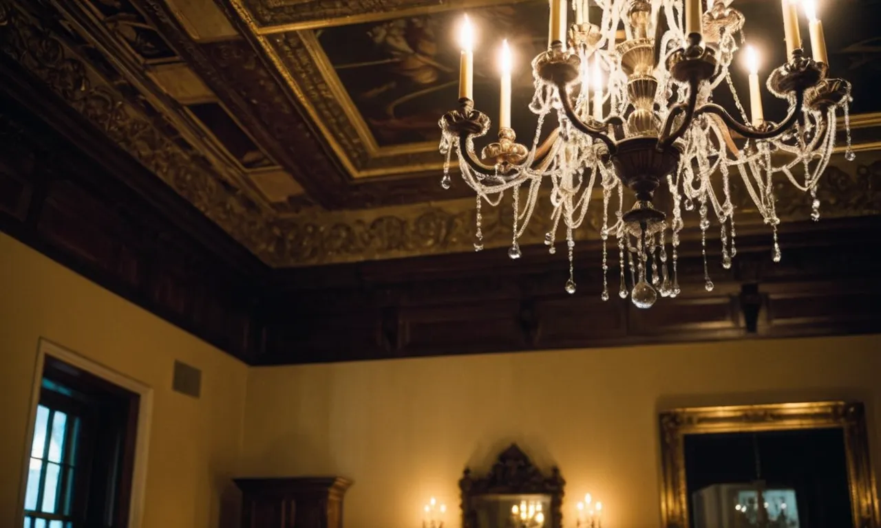 A photo capturing the long reach of an extendable duster, delicately cleaning intricate cobwebs from the corners of a grand chandelier hanging from a high ceiling.