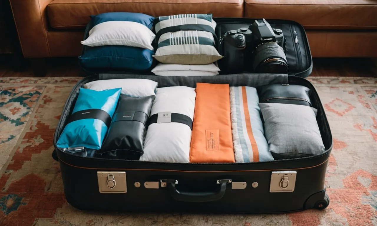 A photo showcasing a neatly packed suitcase, filled with compressed space saver bags, demonstrating how they efficiently maximize storage while traveling.