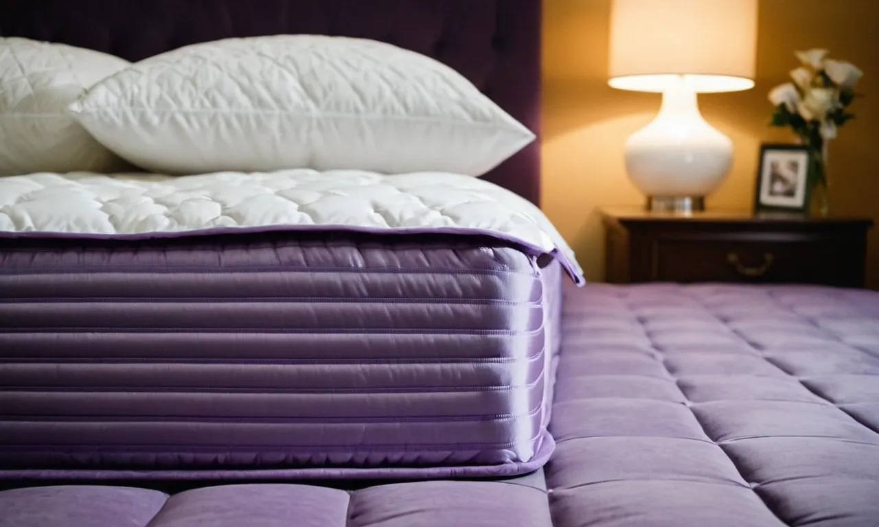 A close-up shot of a beautifully made bed with a Purple mattress, neatly covered by a high-quality mattress protector, showcasing its durability and protection, inviting a restful night's sleep.