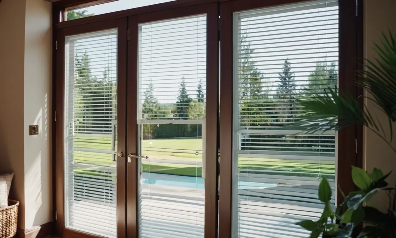 A close-up shot capturing the elegant design of best French doors with built-in blinds, showcasing their sleek lines, smooth finish, and the seamless integration of the blinds within the glass panels.