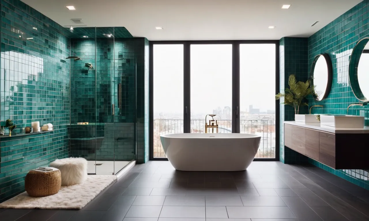 A stunning photo capturing the elegance of a modern bathroom, showcasing a luxurious alcove bathtub measuring 60 x 32 inches, surrounded by sleek tiles and bath accessories.
