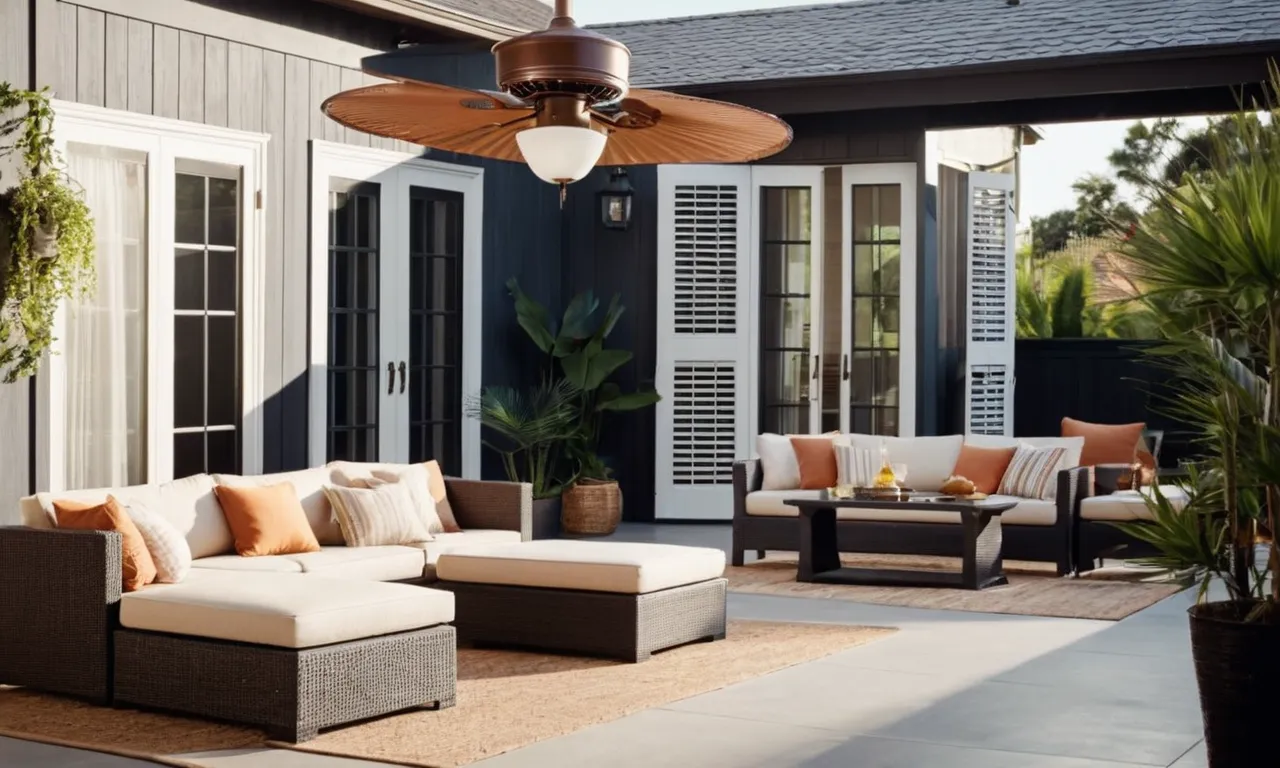 A captivating image capturing a serene patio setting, showcasing a stylish outdoor standing fan. The fan's sleek design and gentle breeze add a touch of comfort and elegance to the picture-perfect outdoor space.