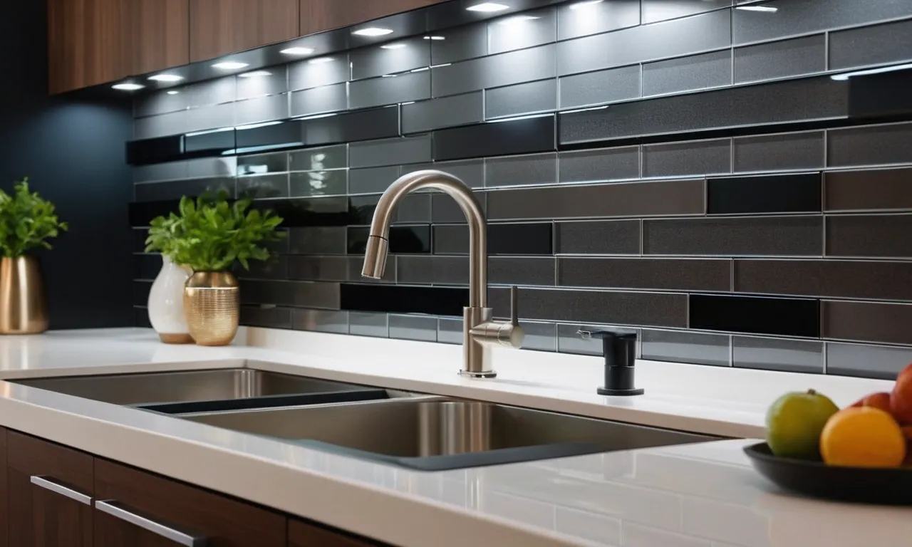 A close-up shot capturing the sleek and glossy surface of a heat resistant peel and stick backsplash, adding a touch of elegance to a modern kitchen.