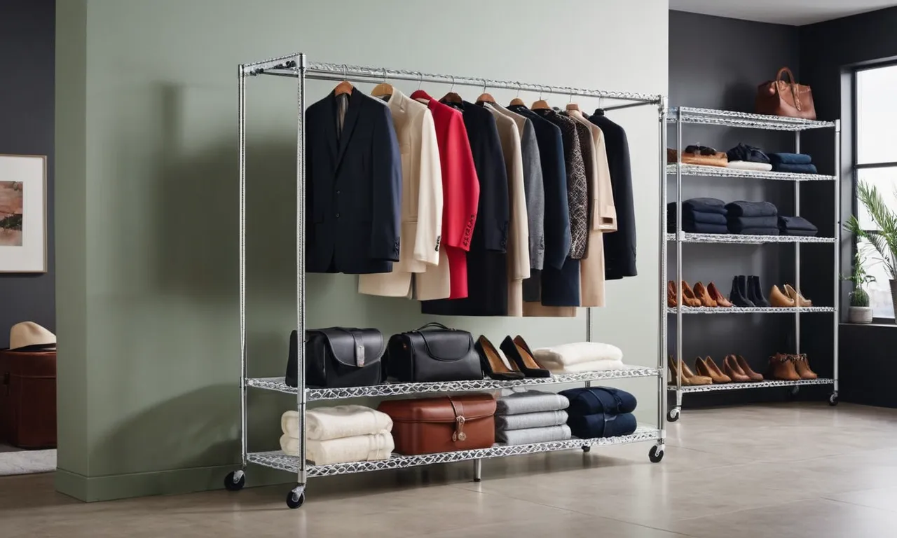 A professional-grade heavy-duty garment rack, neatly organized with a variety of clothing items, covered with a durable and waterproof cover, ready to withstand any weight and protect garments from dust and damage.