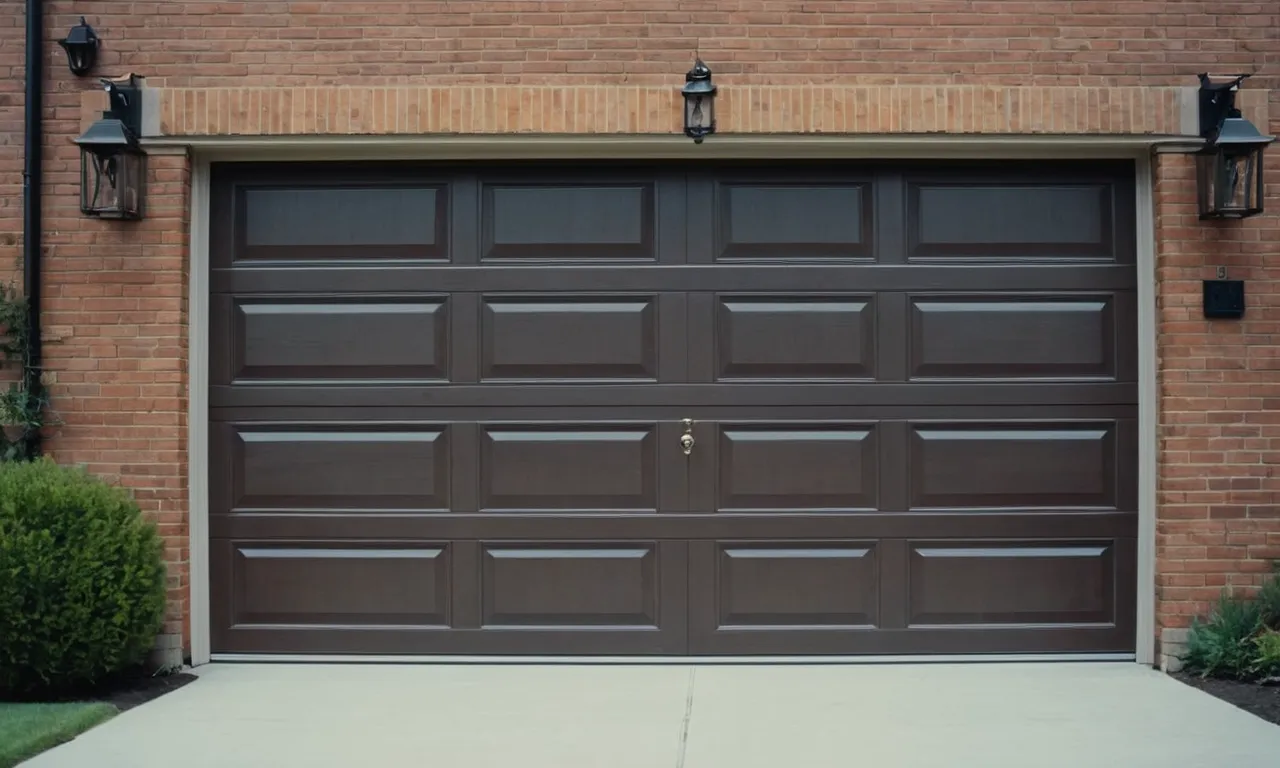 A close-up shot capturing the intricate balance of a sturdy garage door suspended mid-air, showcasing its robust hinges and powerful spring system, alluding to its weight and strength.