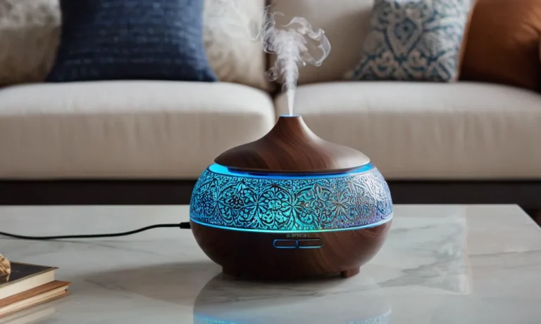 A close-up shot capturing the elegant design of a sleek essential oil diffuser, emitting a soft mist, creating a calming atmosphere in a beautifully decorated living space.
