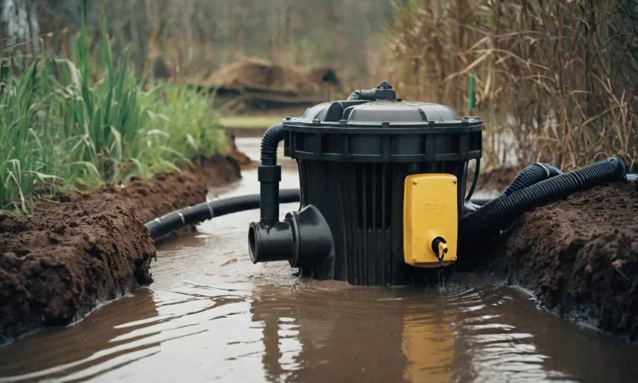 A close-up photo of a sturdy sump pump submerged in murky, muddy water, working effortlessly to pump out the muck and ensure the space stays dry and protected.