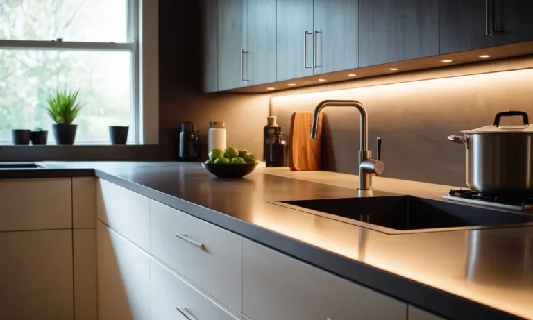 A close-up photo of a sleek, wireless under cabinet light with a built-in motion sensor, illuminating a kitchen countertop and casting a warm glow on a cutting board and utensils.