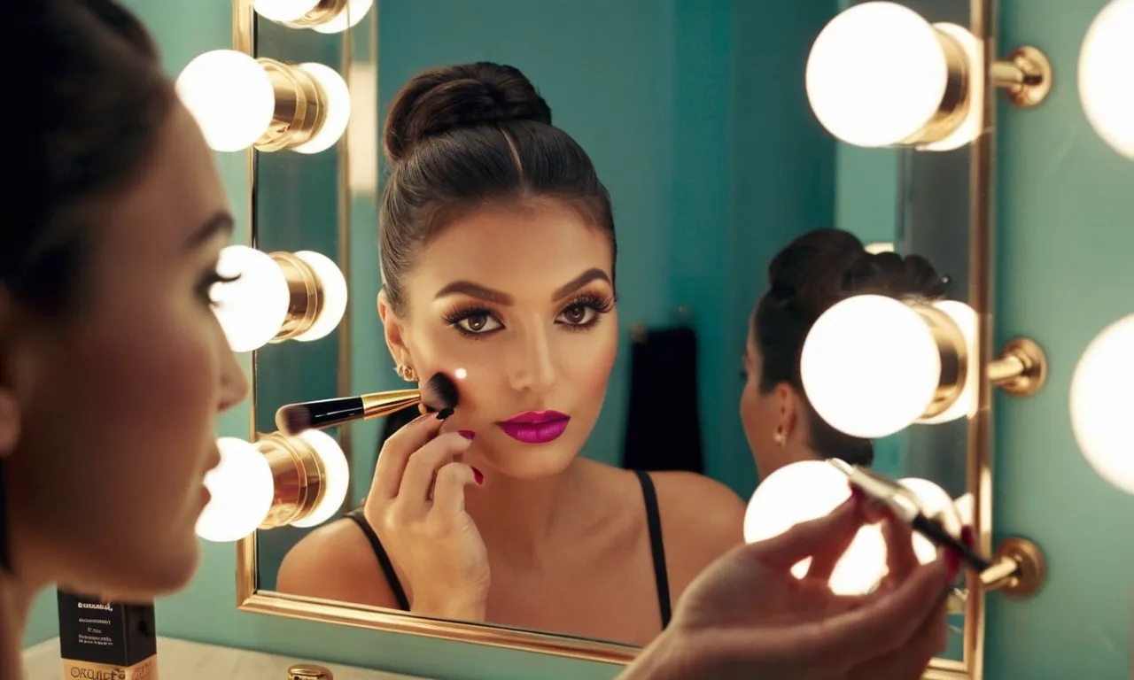 A well-lit bathroom mirror captures a close-up shot of a makeup artist's hand skillfully applying cosmetics, showcasing the perfect lighting to enhance facial features flawlessly.