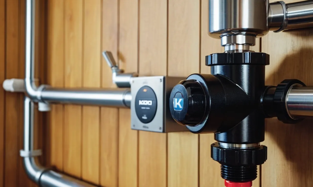 A close-up shot of a sleek, modern automatic water shut-off valve, installed neatly in a residential utility room, showcasing its advanced technology and efficiency.