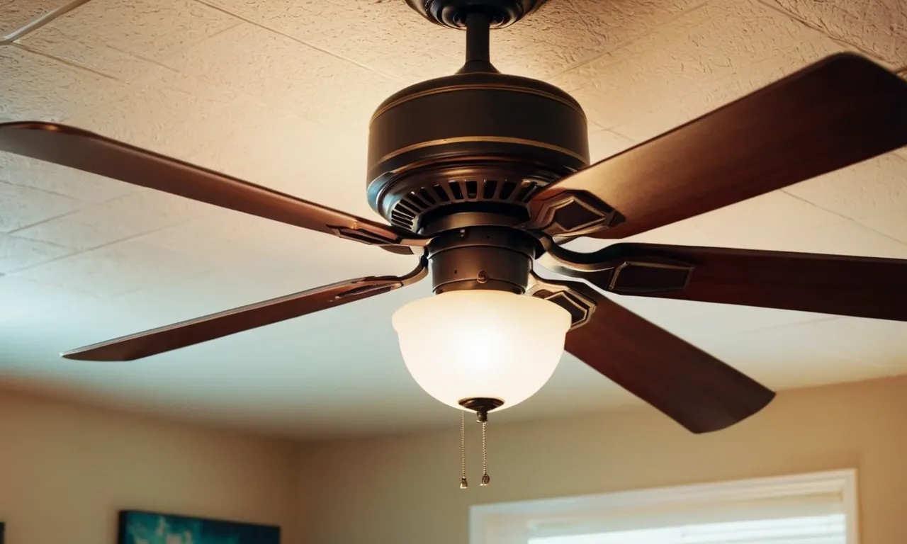 A close-up shot of a bedroom ceiling fan, highlighting the warm glow emitted by the carefully chosen light bulbs, creating a cozy and inviting ambiance.