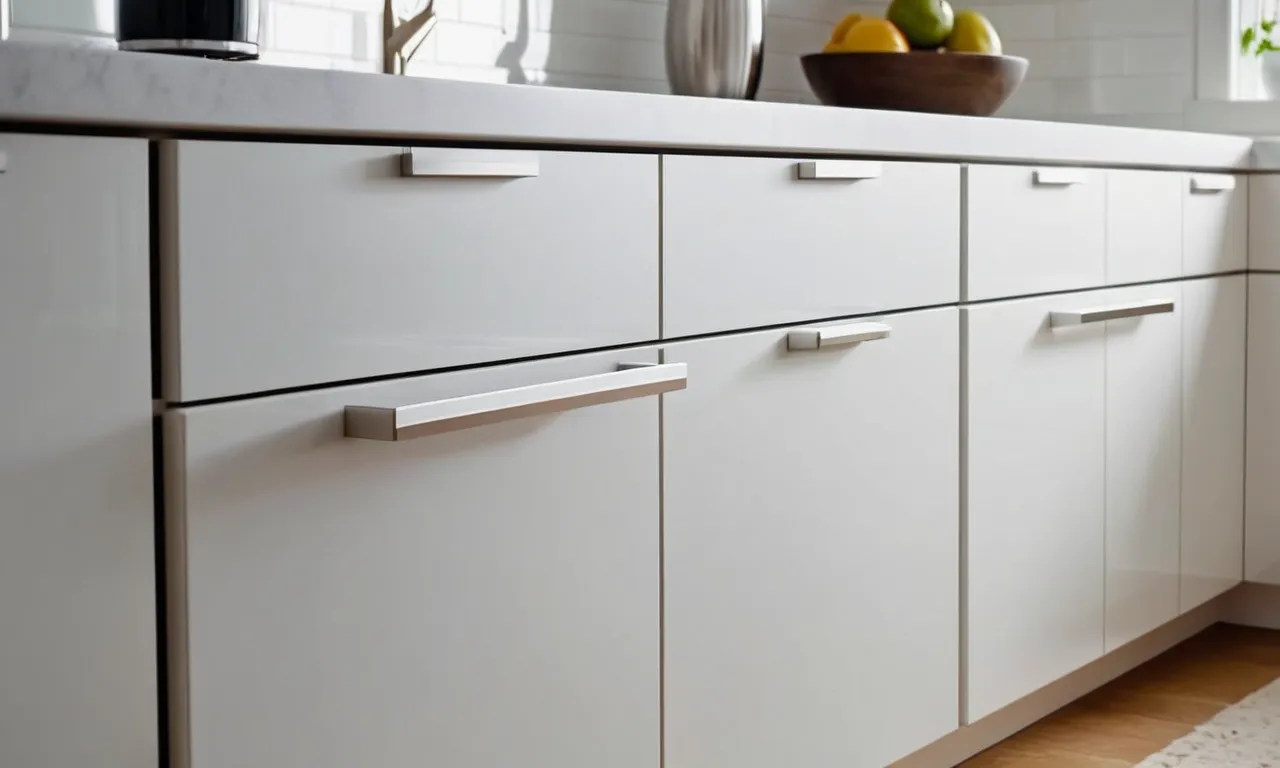 A close-up photograph showcasing sleek silver cabinet pulls against pristine white cabinets, exuding elegance and modernity in a minimalist kitchen design.