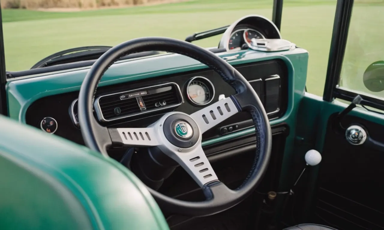A photo capturing a close-up of a golf cart steering wheel with a prominent, sturdy, and advanced anti-theft device attached, ensuring maximum security for golf cart owners.