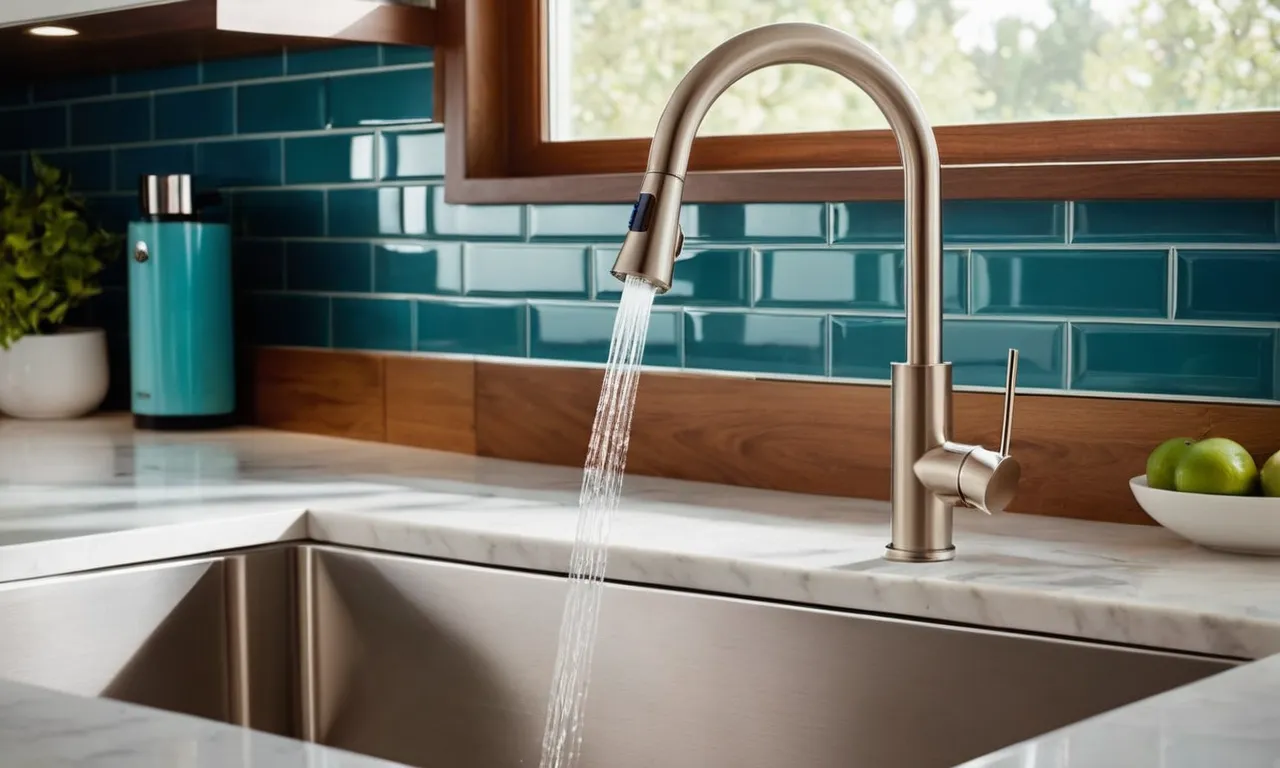 A close-up shot of a sleek pull-down faucet in a modern kitchen, adorned with a state-of-the-art water filter system, illustrating the perfect combination of style and functionality.