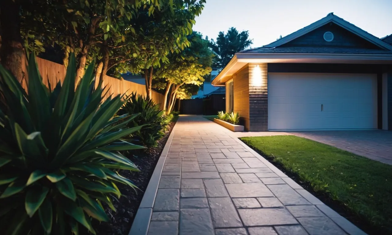 A captivating photo showcasing a sleek, modern outdoor motion sensor light with a built-in alarm, effectively illuminating a dimly lit pathway while providing security and peace of mind.