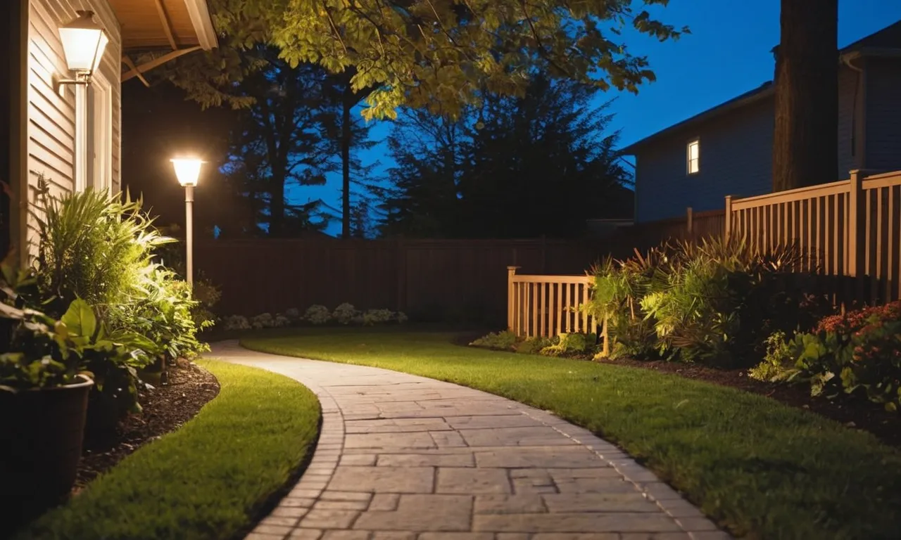 A captivating image captures a tranquil evening scene with a motion sensor outdoor light illuminating a pathway at dusk, guiding the way until dawn, blending natural beauty with modern technology.