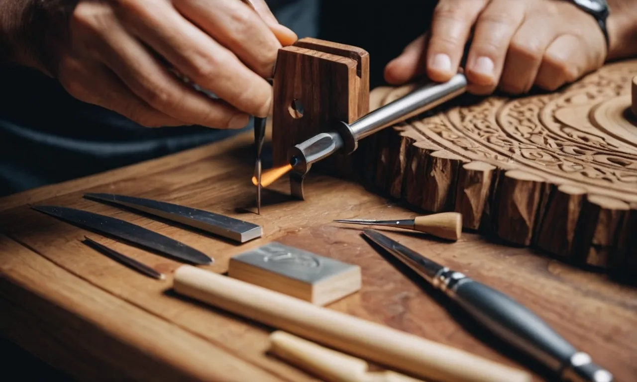 A close-up photograph capturing the intricate details of a beginner's wood carving kit, showcasing a variety of high-quality carving tools and a piece of wood in progress.