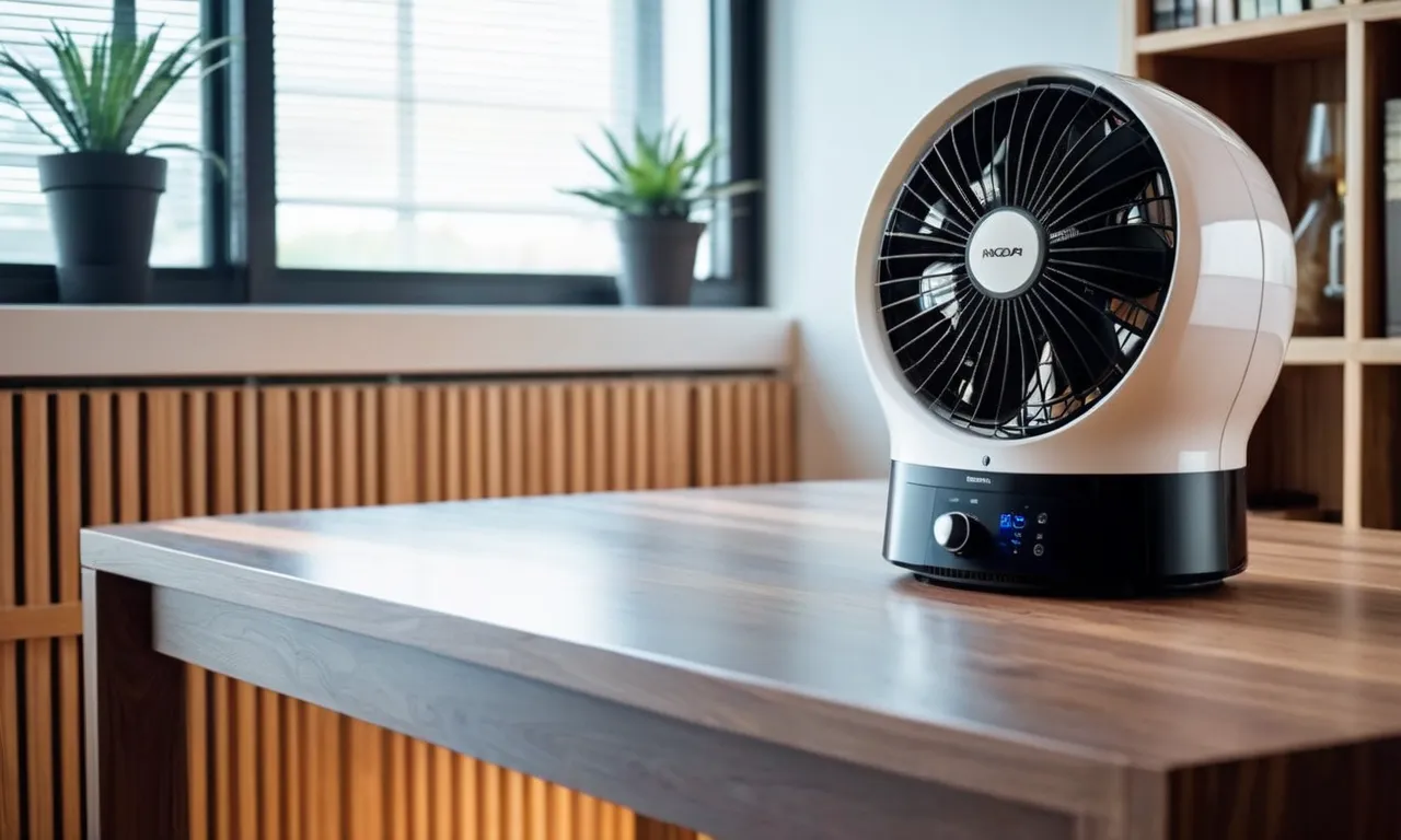 A sleek, modern bladeless fan with an integrated air purifier sits elegantly on a table, gently circulating clean, fresh air while providing a cool breeze.