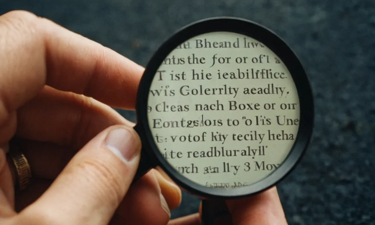 A close-up photo captures a hand holding the "best magnifying glass for reading small print," with its lens perfectly focused on a tiny block of text, enhancing readability.