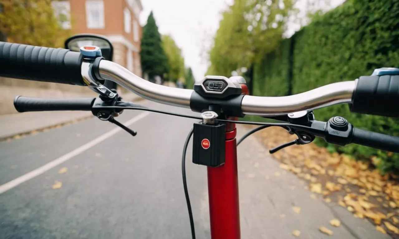 A close-up shot capturing a sturdy U lock securely fastened around the handlebars of an electric scooter, providing reliable protection against theft and ensuring peace of mind for the owner.