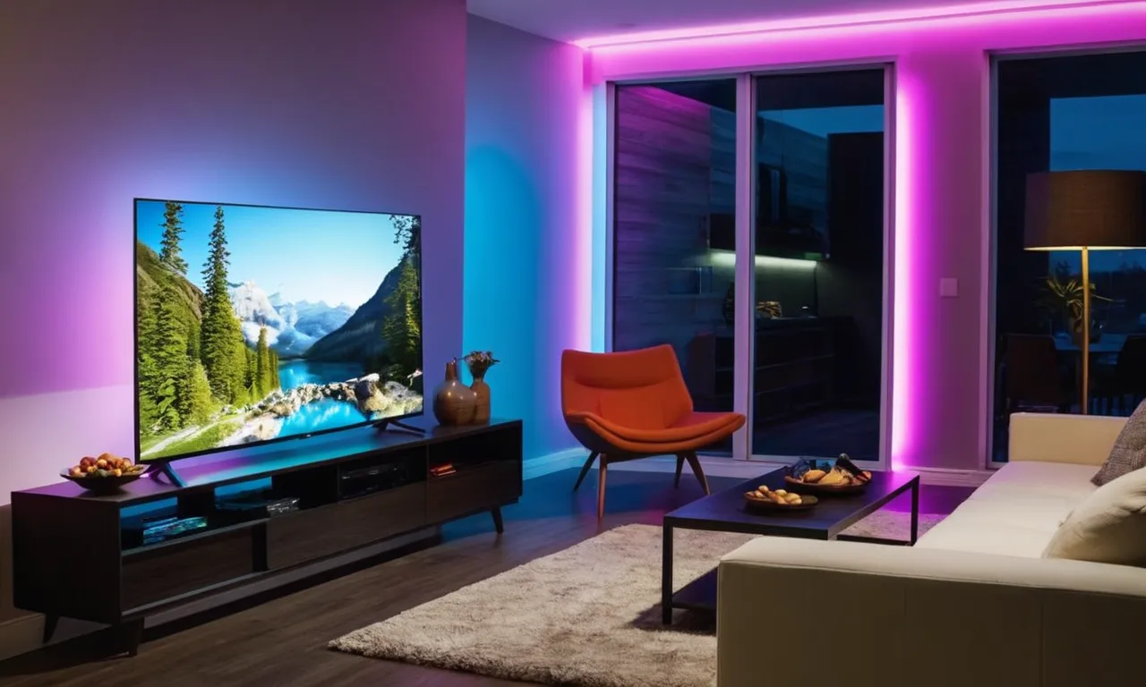 A captivating photograph showcasing a sleek LED light strip flawlessly synchronized with a television, emitting a vibrant glow that enhances the visual experience and adds ambiance to the room.