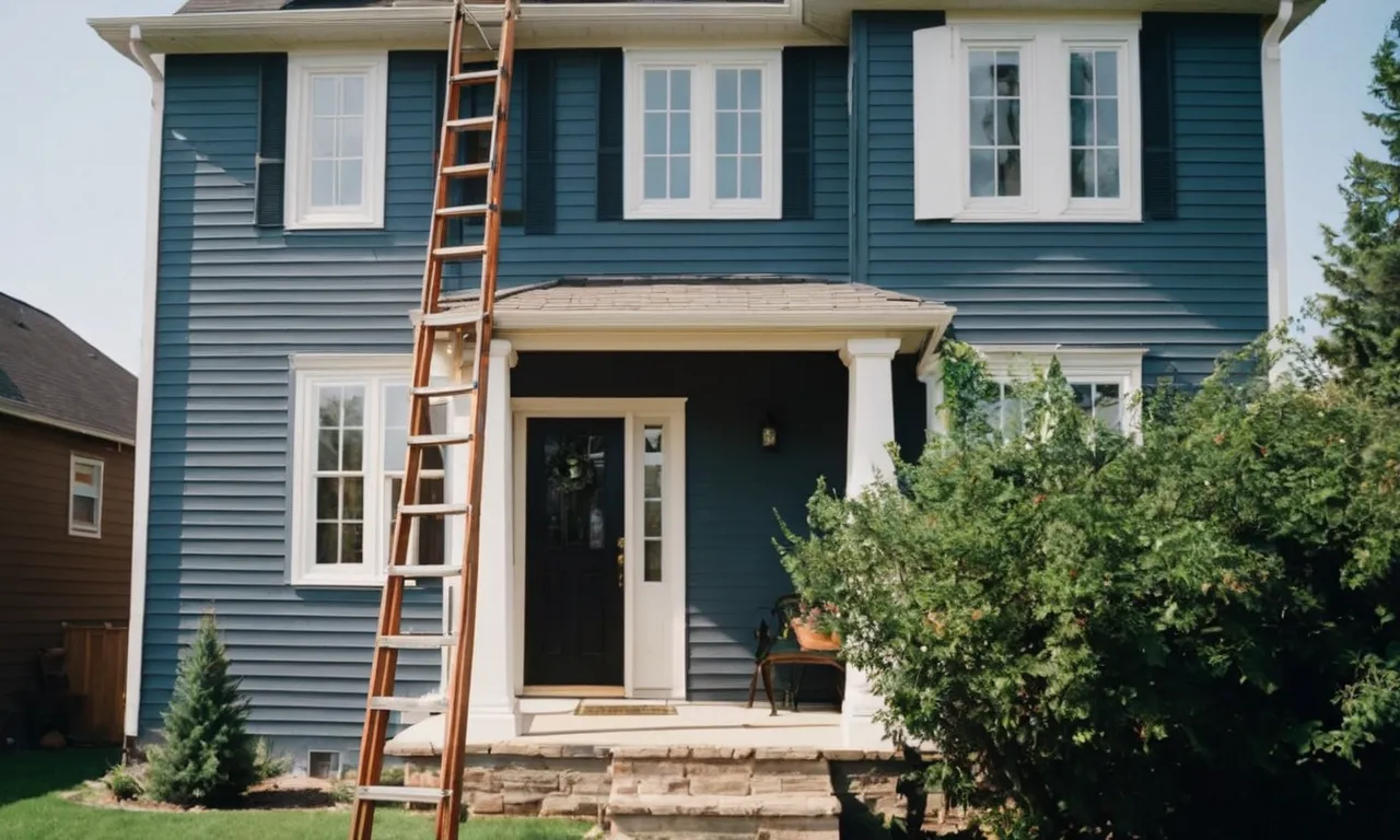 A photo capturing a sturdy and reliable ladder propped against the side of a two-story house, showcasing its durable construction and suitability for reaching high areas with ease.