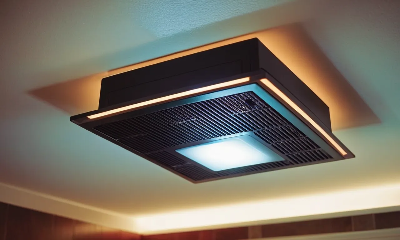 A close-up photo of a modern bathroom exhaust fan with a sleek design, emitting a soft glow of light, providing both efficient ventilation and a calm ambiance to the quiet and serene bathroom space.