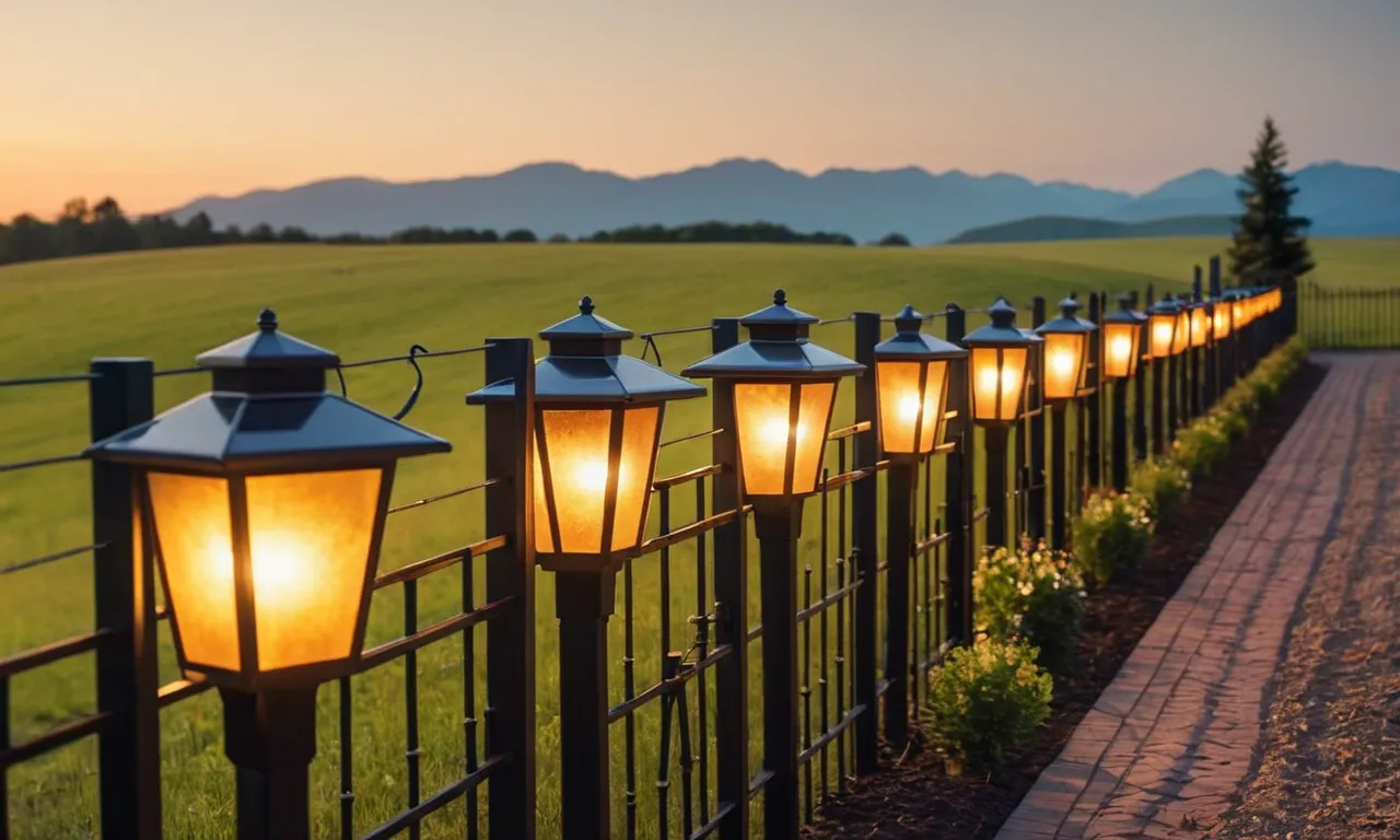 A stunning photo capturing the warm glow of solar lights adorning a row of elegantly designed fence posts, creating a mesmerizing and eco-friendly ambiance.